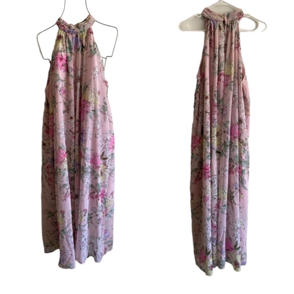 Calf-length A-line dress in pink chiffon with a floral printed pattern Size 12